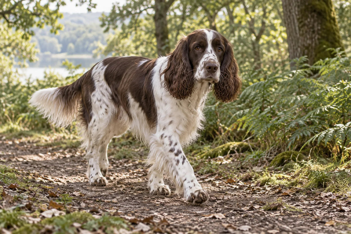 A liver and white English Springer Spaniel walking on a woodland path