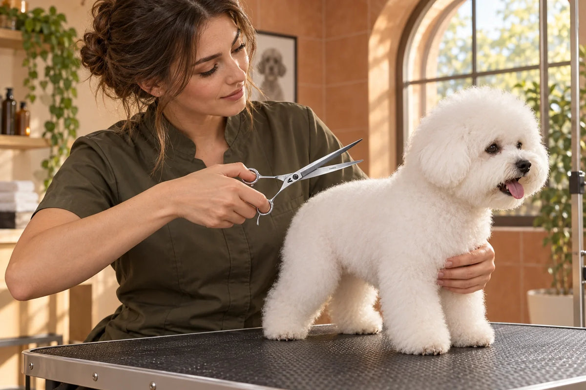Groomer holding VUNRO curved scissors while assessing a bichon shoulder outline