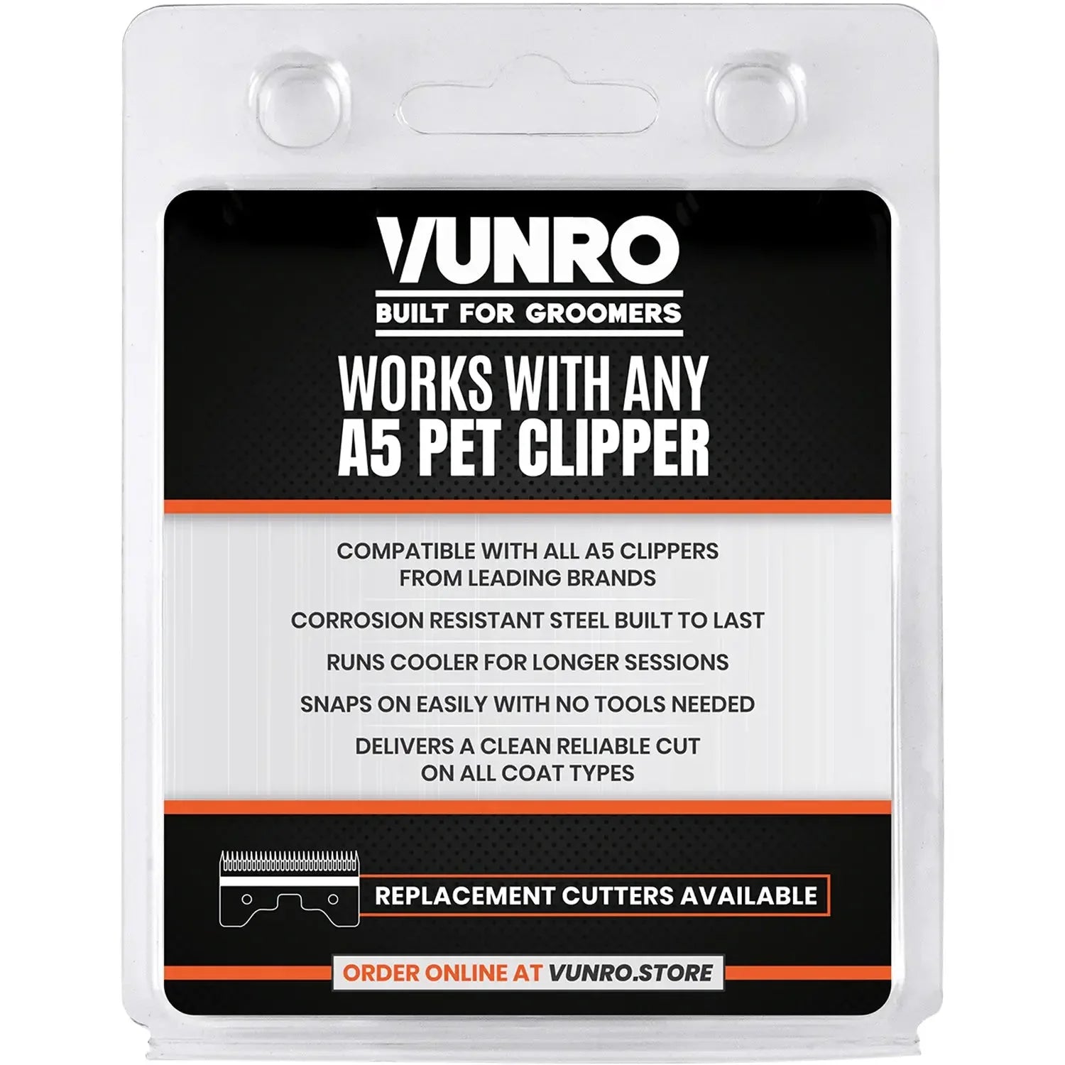 VUNRO 5FW Wide Blue Steel dog clipper blade retail pack back