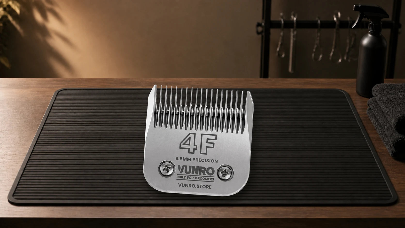 #4F Dog Clipper Blade (9.5 mm) resting naturally on the VUNRO grooming workbench