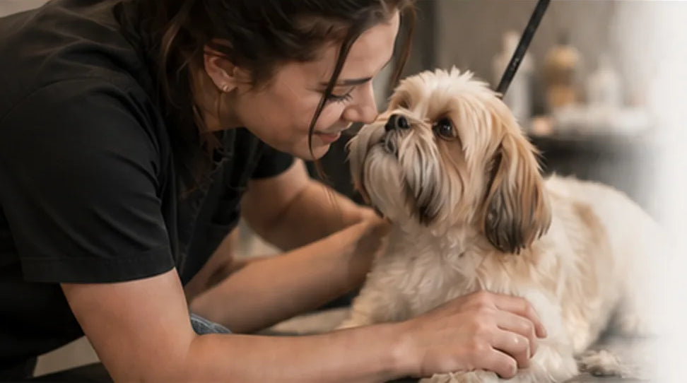 A groomer sharing a calm moment with a dog after grooming