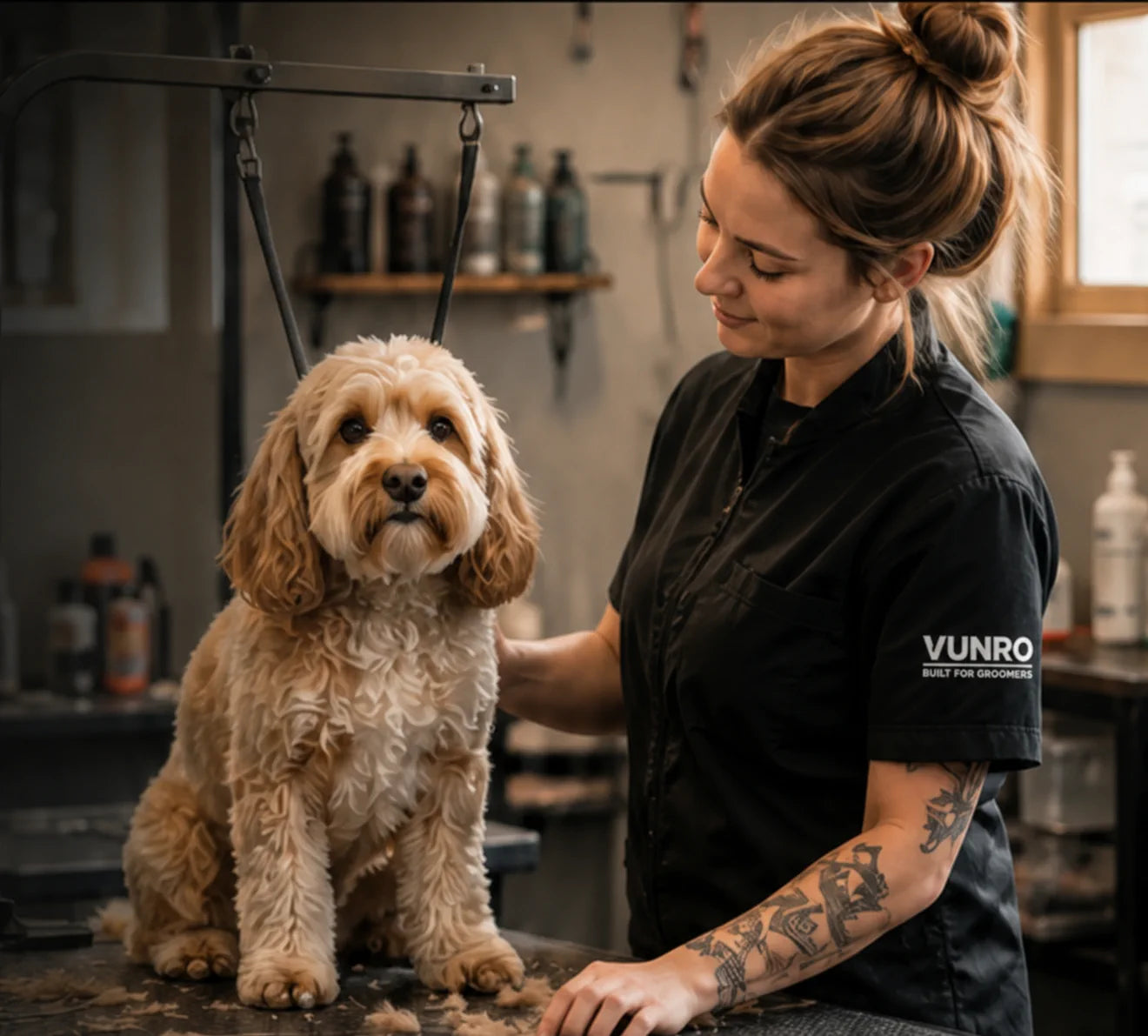 A groomer standing beside a calm dog at the grooming table