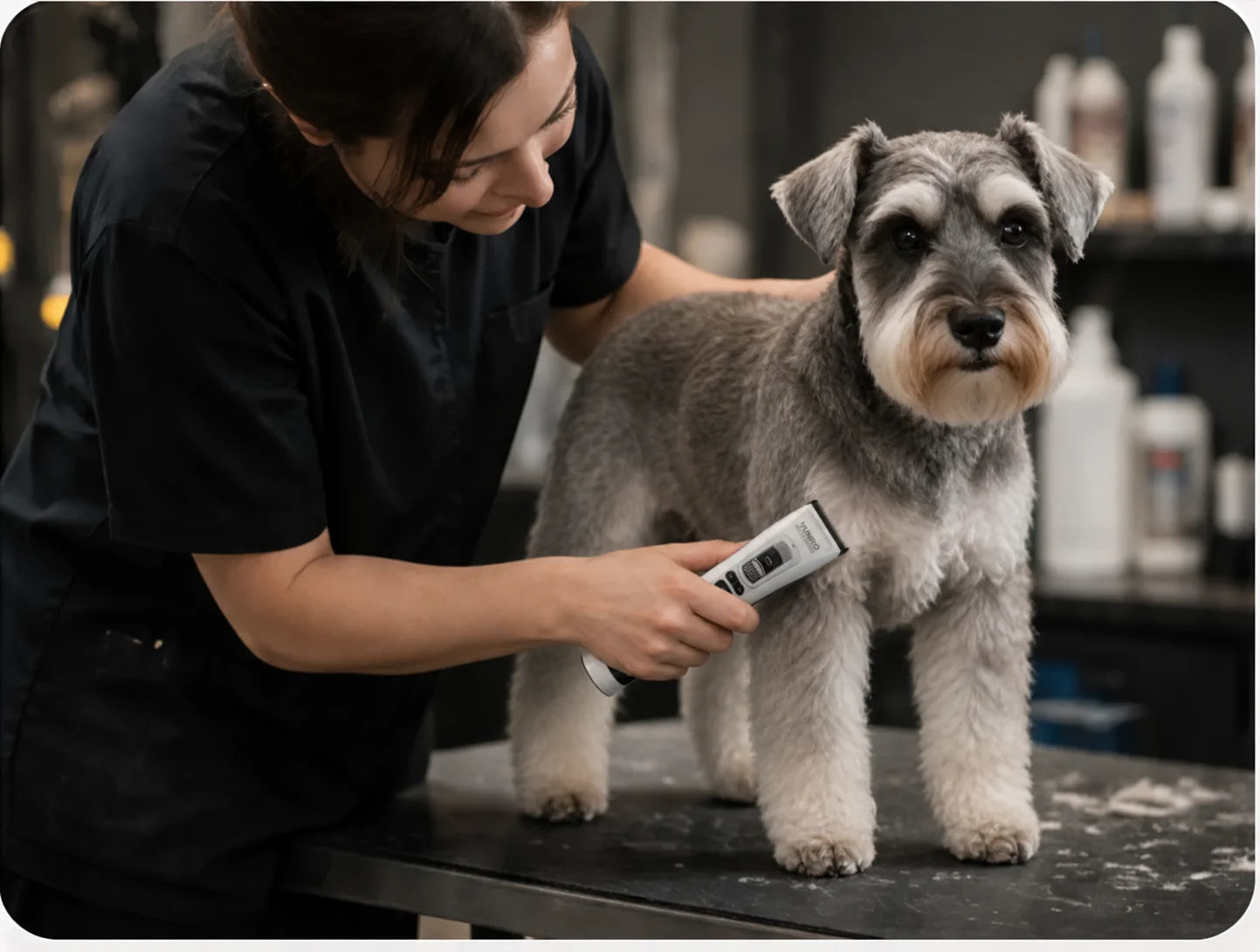 A groomer using a VUNRO PRO trimmer on a dog